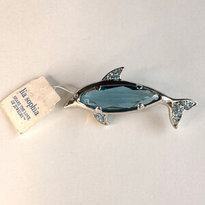 Lia‎ Sophia "Splash" Dolphin Silver Tone Blue Crystals Pin Brooch 2" w/ Tag